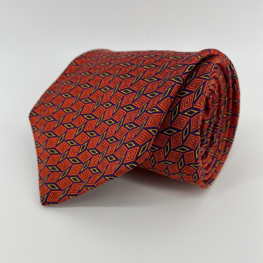 Robert Talbott Best of Class Silk Tie Orange Navy Blue Geometric Diamond USA